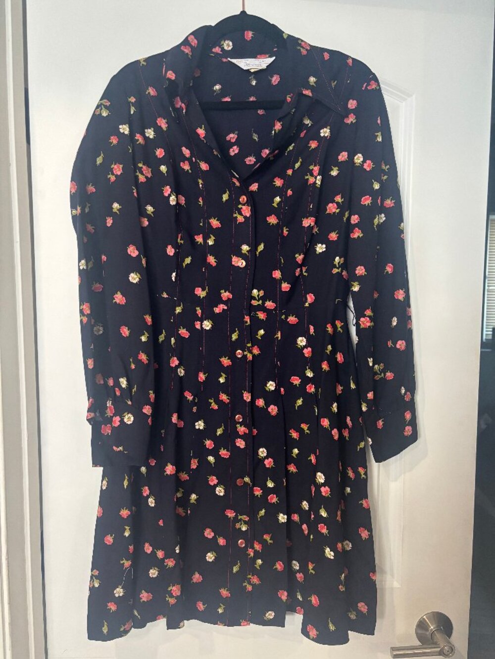 Vintage 70s JCPenney Floral Shirtwaist Dress Navy Pink